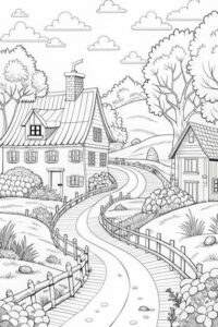 Planșă de colorat cu un sat liniștit și o potecă printre case și copaci înfloriți, peisaj pentru imprimat.