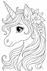 Cap de unicorn cu flori în coamă și expresie prietenoasă, imagine de colorat simplă pentru copii.