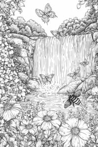 Imagine de colorat cu flori de primăvară, albine și fluturi lângă o cascadă, peisaj detaliat pentru imprimat.