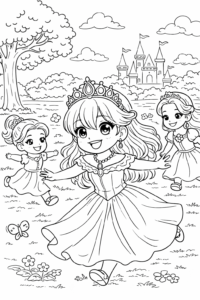 Prințesă care se joacă și dansează în parc alături de prietene, fișă de colorat pentru copii.