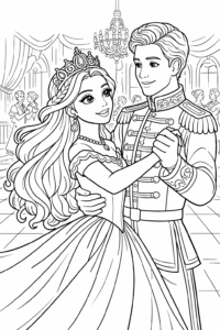 Prințesă dansând cu prințul într-o sală de bal, desen de colorat inspirat din povești.