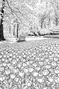 Imagine de colorat cu un câmp mare de lalele și copaci în fundal, peisaj floral pentru imprimat.