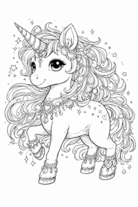 Unicorn elegant împodobit cu bijuterii și coamă bogată, desen de colorat fantastic pentru copii și iubitorii de povești.