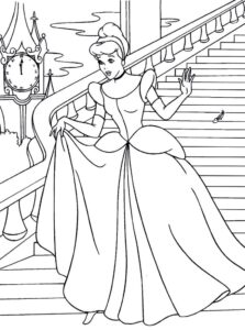 Cenușăreasa coborând scările palatului la miezul nopții, desen de colorat inspirat din basm.