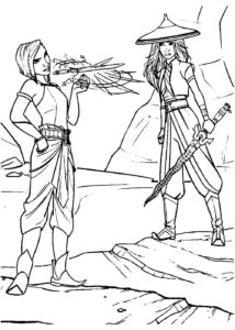 Raya și Namaari stând față în față într-o confruntare cu sabia, desen de colorat pentru copii.