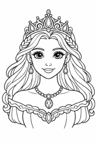 Portret de prințesă cu coroană și bijuterii elegante, desen de colorat pentru copii de imprimat gratuit.