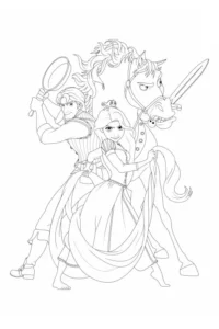 Rapunzel și Flynn Rider într-o scenă de aventură cu calul Maximus, desen de colorat pentru copii.