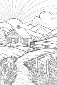 Desen de colorat cu o căsuță de primăvară, soare răsărind și munți în fundal, peisaj pentru imprimat.