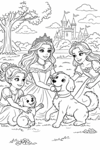 Prințese care se joacă cu doi căței într-o grădină lângă castel, desen de colorat pentru copii.