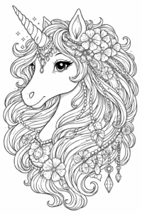 Portret de unicorn decorat cu flori și bijuterii în coamă, o fișă de colorat detaliată potrivită pentru imprimat.