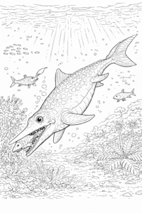 Ichthyosaurus vânând un pește într-un ocean preistoric cu corali și plante marine.