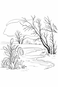Desen de colorat cu ghiocei lângă un pârâu și copaci, peisaj de primăvară pentru imprimat.