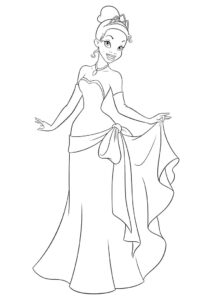 Prințesa Tiana într-o rochie lungă de bal, desen de colorat pentru fete de imprimat.