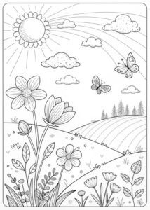 Imagine de colorat cu flori de primăvară pe o pajiște sub cer senin și fluturi zburând.