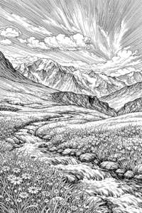 Peisaj de colorat cu munți înalți, pârâu și flori de câmp, imagine detaliată pentru imprimat.