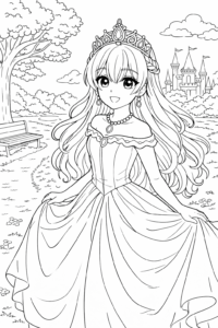 Prințesă plimbându-se într-un parc lângă castel, imagine de colorat liniștită pentru copii.
