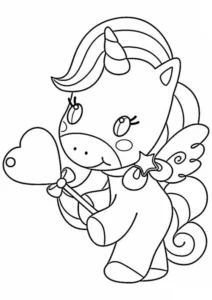 Pegas mic cu aripi și baghetă în formă de inimă, desen de colorat vesel pentru copii care poate fi imprimat.