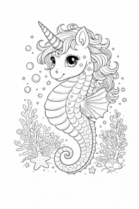 Unicorn marin în formă de căluț de mare printre corali și stele de mare, desen de colorat pentru copii care poate fi descărcat gratuit și imprimat.