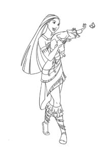 Pocahontas ținând ratonul Meeko în brațe și privind un fluture, desen de colorat pentru copii.