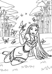 Pocahontas stând în natură și privind fluturii care zboară în jurul ei, desen de colorat pentru copii de imprimat gratuit.