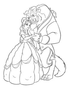 Belle dansând cu prințul Adam într-o scenă romantică din poveste, desen de colorat pentru copii.