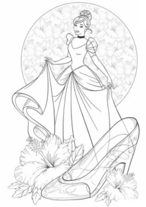 Cenușăreasa lângă pantoful de cristal într-o scenă de poveste, desen de colorat elegant pentru copii.