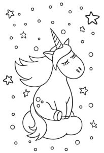 Unicorn liniștit stând pe un nor sub cerul plin de stele, imagine de colorat calmă pentru copii.