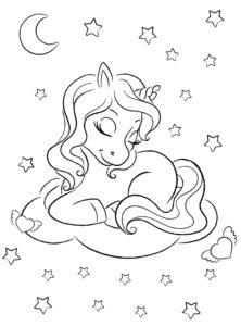 Unicorn adormit pe un nor sub luna și stelele nopții, desen de colorat liniștit pentru copii, potrivit pentru imprimat.