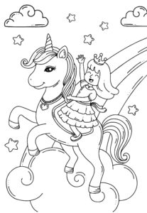 Prințesă mică călărind un unicorn pe un nor sub stele, imagine de colorat pentru copii care poate fi descărcată gratuit și imprimată acasă.