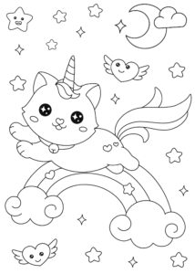 Pisică unicorn zburând peste curcubeu printre stele și nori, imagine de colorat distractivă pentru copii care poate fi descărcată și imprimată gratuit.