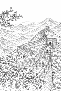 Planșă de colorat cu Marele Zid Chinezesc și munți în fundal, imagine detaliată de peisaj de colorat pentru imprimat.