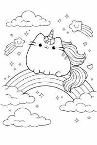 Pisică unicorn drăgălașă stând pe un curcubeu printre nori și stele, imagine de colorat pentru copii.