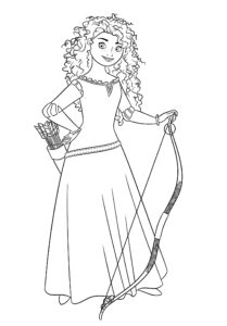 Prințesa Merida ținând arcul și tolba cu săgeți, desen de colorat pentru copii inspirat din poveste.