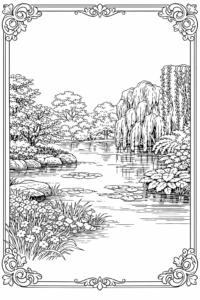 Peisaj de colorat cu un iaz liniștit, sălcii și plante de apă, planșă de colorat pentru imprimat.