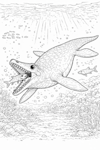 Reptilă marină preistorică cu fălci lungi care prinde un pește în adâncurile oceanului, desen de colorat detaliat.
