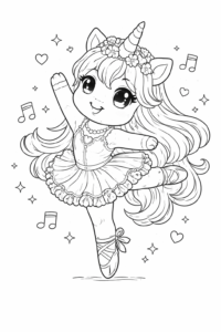 Unicorn balerină dansând printre note muzicale și stele, imagine de colorat drăgălașă pentru copii.