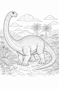 Brachiosaurus uriaș cu gât lung într-un peisaj tropical cu palmieri și munți.