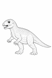 Dinozaur detaliat în poziție de mers, cu solzi și gheare, imagine realistă pentru colorat.