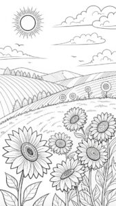 Desen de colorat cu floarea-soarelui într-un peisaj cu dealuri și cer senin, imagine pentru imprimat.