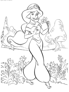 Prințesa Jasmine ținând o floare într-o grădină cu copaci și plante, desen de colorat pentru copii de imprimat gratuit.