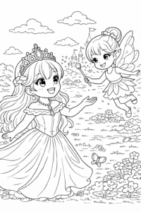 Prințesă elegantă ținând un trandafir într-un cadru decorativ cu flori și castel, planșă de colorat detaliată.