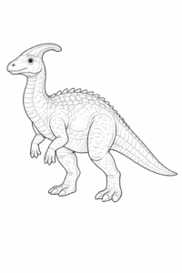 Parasaurolophus cu creastă lungă pe cap, fișă de colorat cu dinozaur pentru copii care poate fi imprimată.