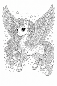 Unicorn cu aripi decorate și coamă plină de modele magice, imagine de colorat detaliată pentru copii și adulți, disponibilă gratuit pentru imprimat.