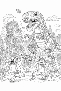 Desen de colorat cu un dinozaur lego gigantic care distruge clădiri într-un oraș, imagine detaliată pentru imprimat.