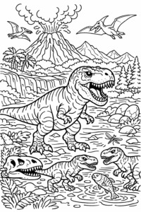 Tyrannosaurus în peisaj preistoric cu vulcan activ, munți și pterozauri care zboară pe cer.