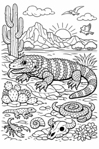 Șopârlă mare într-un peisaj deșertic cu cactus, munți și alte reptile, imagine de colorat pentru copii care poate fi imprimată.