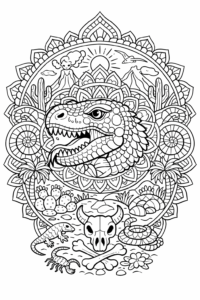 Cap de Tyrannosaurus într-o mandala decorativă cu peisaj deșertic și reptile, imagine de colorat detaliată pentru imprimat.