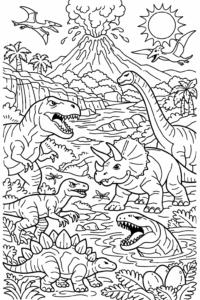 Mai mulți dinozauri diferiți într-un peisaj preistoric cu vulcan activ, râu și vegetație tropicală.