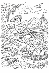 Pasăre preistorică pe o creangă într-un peisaj natural cu cuib și ouă, imagine de colorat inspirată din epoca dinozaurilor.