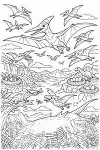 Planșă de colorat cu pterozauri care zboară peste munți și stânci, imagine preistorică pentru copii.